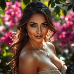 A beautiful and sensual portrait of an alluring woman in a natural setting, exuding confidence and grace