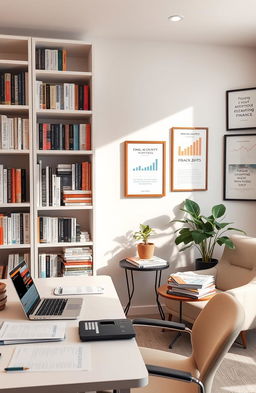 A beautifully designed interior of an accounting office, featuring shelves filled with various accounting books and resources