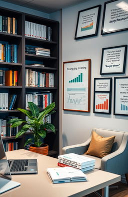 A beautifully designed interior of an accounting office, featuring shelves filled with various accounting books and resources