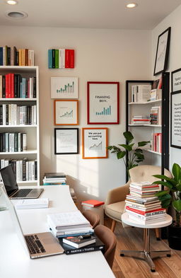 A beautifully designed interior of an accounting office, featuring shelves filled with various accounting books and resources