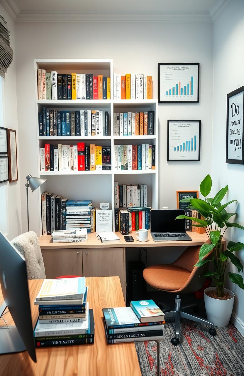 A beautifully designed interior of an accounting office, featuring shelves filled with various accounting books and resources