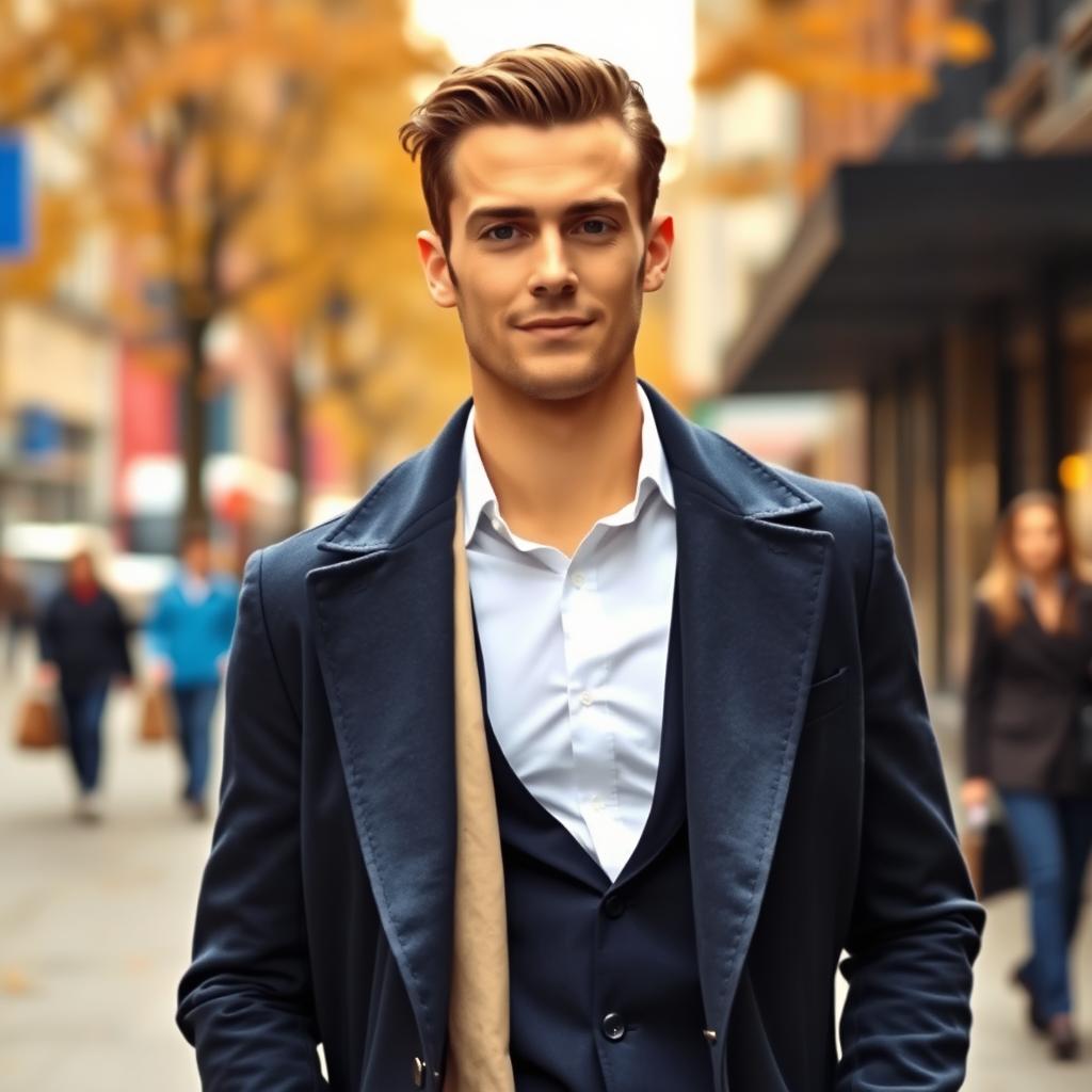 A fashionable man confidently wearing a stylish coat layered over a crisp white shirt