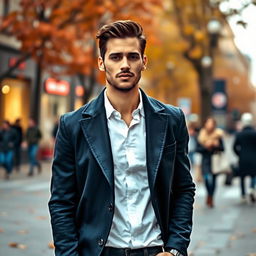 A fashionable man confidently wearing a stylish coat layered over a crisp white shirt
