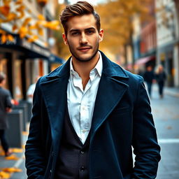 A fashionable man confidently wearing a stylish coat layered over a crisp white shirt