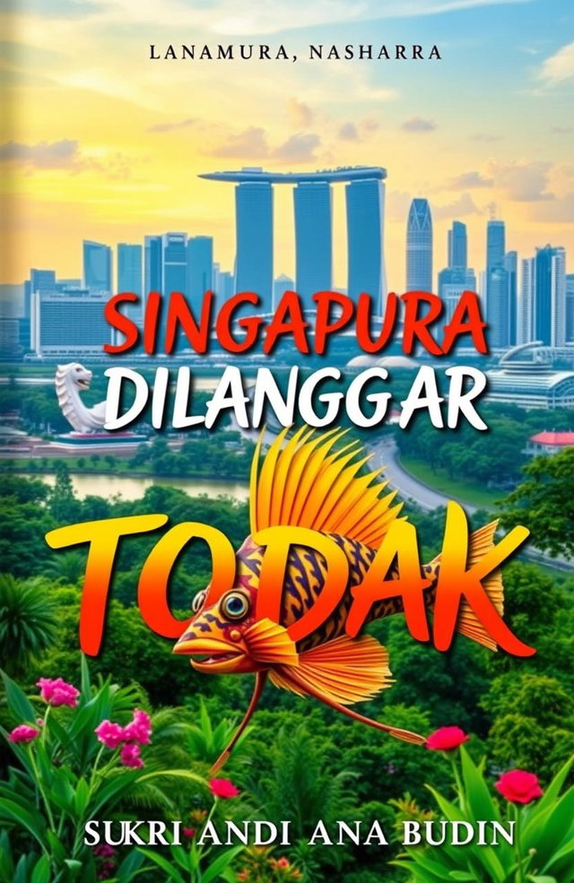 A vibrant and captivating book cover for the title 'SINGAPURA DILANGGAR TODAK' featuring a lush landscape of Singapore in the background, including iconic landmarks like Marina Bay Sands and the Merlion