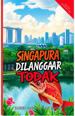 A vibrant and captivating book cover for the title 'SINGAPURA DILANGGAR TODAK' featuring a lush landscape of Singapore in the background, including iconic landmarks like Marina Bay Sands and the Merlion