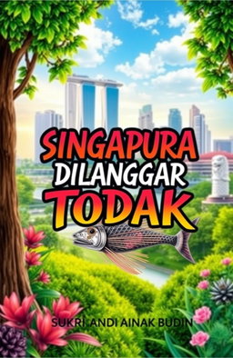 A vibrant and captivating book cover for the title 'SINGAPURA DILANGGAR TODAK' featuring a lush landscape of Singapore in the background, including iconic landmarks like Marina Bay Sands and the Merlion