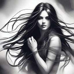 A digital art of a sultry young woman with long, flowing hair