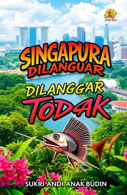 A vibrant and captivating book cover for the title 'SINGAPURA DILANGGAR TODAK' featuring a lush landscape of Singapore in the background, including iconic landmarks like Marina Bay Sands and the Merlion