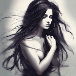 A digital art of a sultry young woman with long, flowing hair