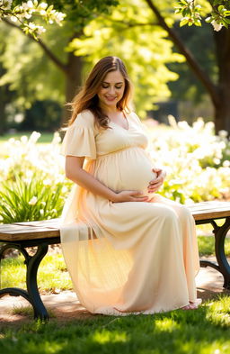 A serene and beautiful scene depicting a pregnant woman sitting peacefully on a bench in a park