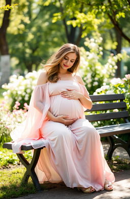 A serene and beautiful scene depicting a pregnant woman sitting peacefully on a bench in a park