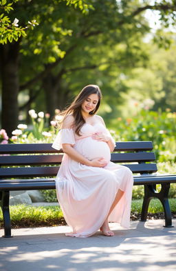 A serene and beautiful scene depicting a pregnant woman sitting peacefully on a bench in a park