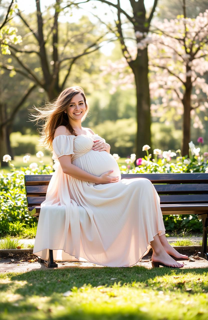 A serene and beautiful scene depicting a pregnant woman sitting peacefully on a bench in a park