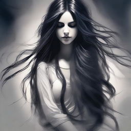 A digital art of a sultry young woman with long, flowing hair