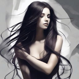 A digital art of a sultry young woman with long, flowing hair