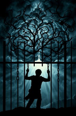 A metaphorical representation of the mind as a prison, showcasing intricate bars formed by thoughts and emotions