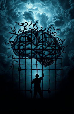 A metaphorical representation of the mind as a prison, showcasing intricate bars formed by thoughts and emotions