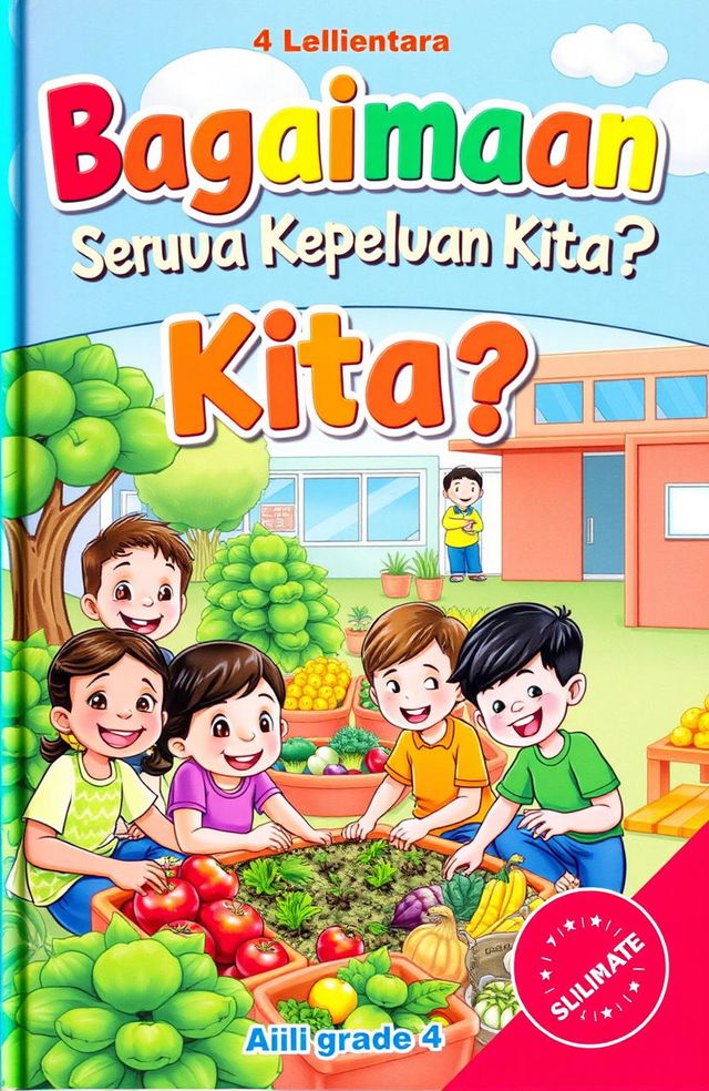 A vibrant and colorful book cover for a 4th-grade elementary school children's book titled 'Bagaimana Mendapatkan Semua Keperluan Kita?'