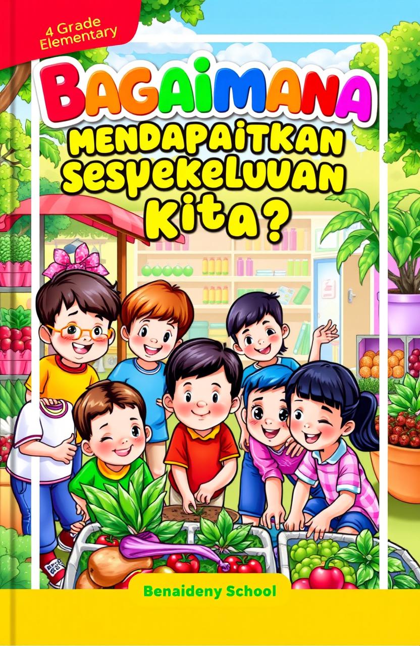 A vibrant and colorful book cover for a 4th-grade elementary school children's book titled 'Bagaimana Mendapatkan Semua Keperluan Kita?'