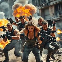 A dynamic and action-packed scene from a movie set, featuring a diverse team of rugged mercenaries, including muscular men and a fierce woman, all equipped with advanced weaponry and tactical gear