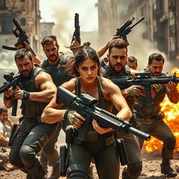 A dynamic and action-packed scene from a movie set, featuring a diverse team of rugged mercenaries, including muscular men and a fierce woman, all equipped with advanced weaponry and tactical gear