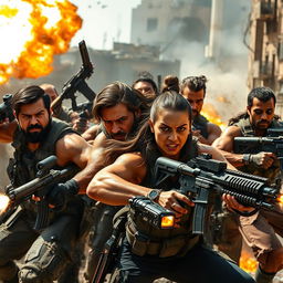 A dynamic and action-packed scene from a movie set, featuring a diverse team of rugged mercenaries, including muscular men and a fierce woman, all equipped with advanced weaponry and tactical gear