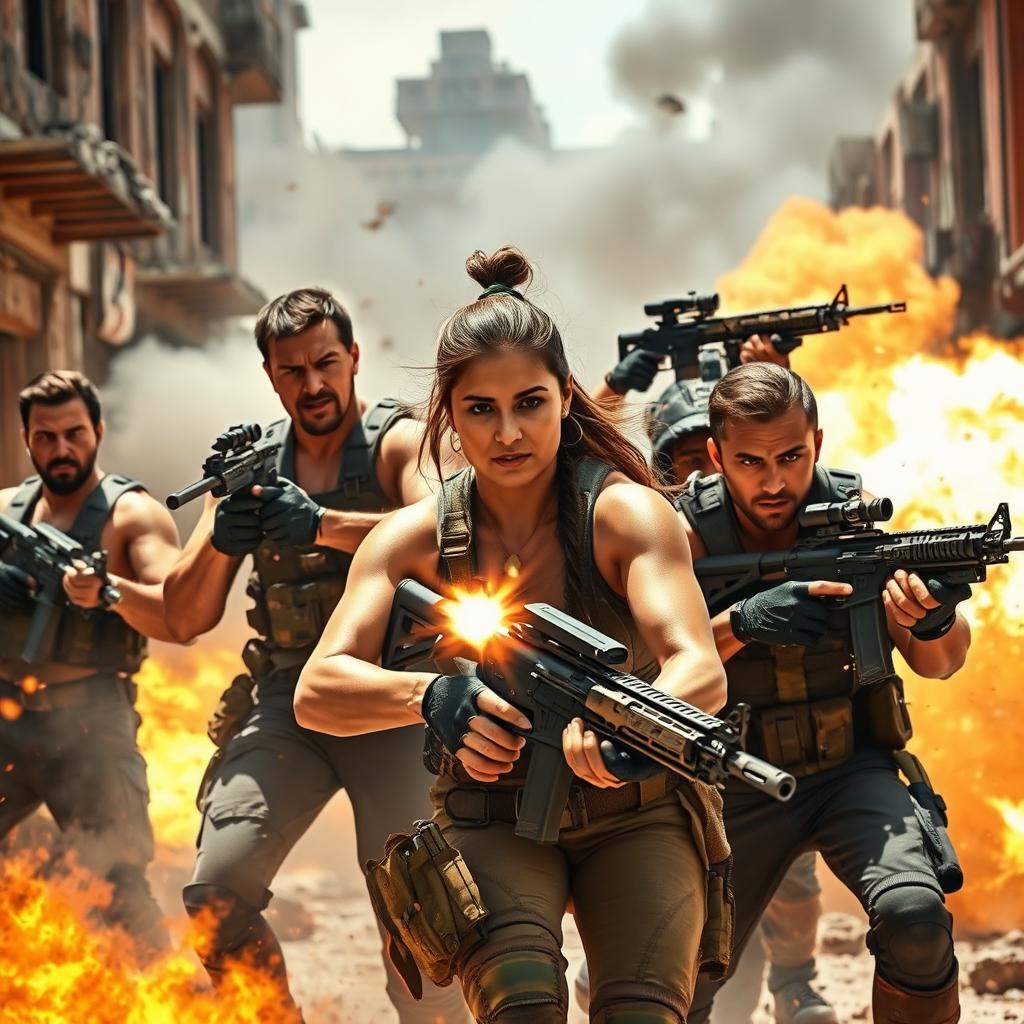 A dynamic and action-packed scene from a movie set, featuring a diverse team of rugged mercenaries, including muscular men and a fierce woman, all equipped with advanced weaponry and tactical gear