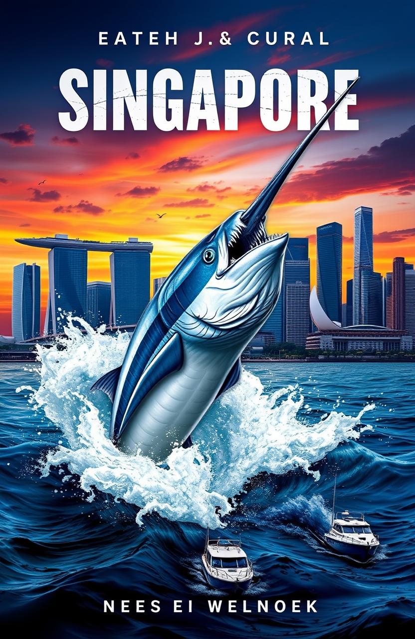 A dramatic and thrilling book cover depicting a giant swordfish leaping out of the water, its sharp bill poised to strike, against the backdrop of a stunning skyline of Singapore