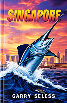 A dramatic and thrilling book cover depicting a giant swordfish leaping out of the water, its sharp bill poised to strike, against the backdrop of a stunning skyline of Singapore