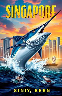 A dramatic and thrilling book cover depicting a giant swordfish leaping out of the water, its sharp bill poised to strike, against the backdrop of a stunning skyline of Singapore