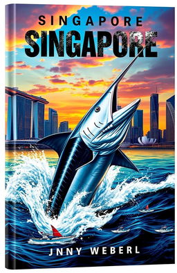 A dramatic and thrilling book cover depicting a giant swordfish leaping out of the water, its sharp bill poised to strike, against the backdrop of a stunning skyline of Singapore