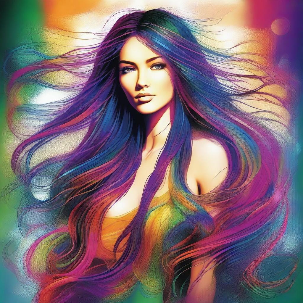 A vibrant, full-color digital art piece featuring a seductive woman with extraordinarily long hair