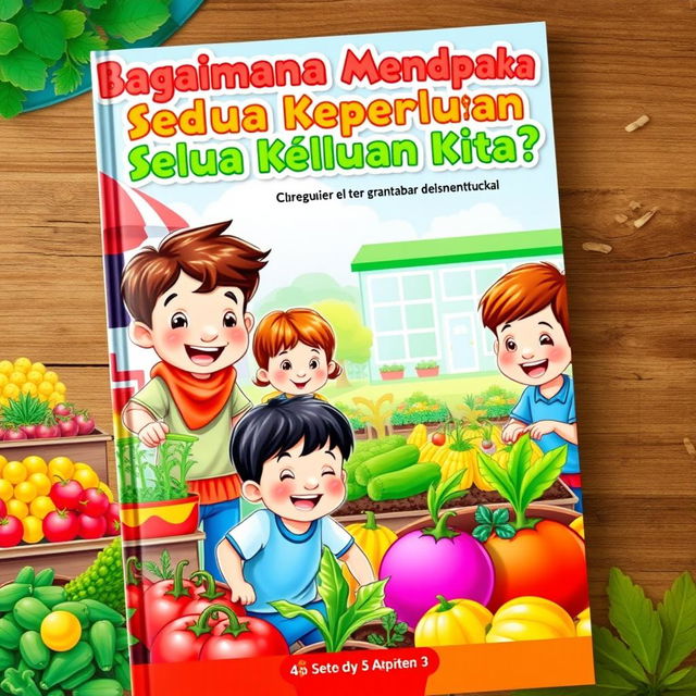 A vibrant and colorful book cover for a 4th-grade elementary school children's book titled 'Bagaimana Mendapatkan Semua Keperluan Kita?'