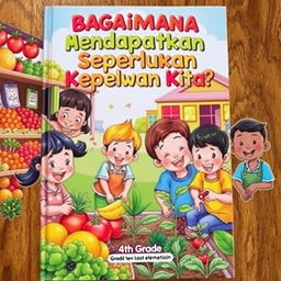 A vibrant and colorful book cover for a 4th-grade elementary school children's book titled 'Bagaimana Mendapatkan Semua Keperluan Kita?'