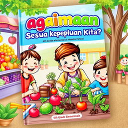 A vibrant and colorful book cover for a 4th-grade elementary school children's book titled 'Bagaimana Mendapatkan Semua Keperluan Kita?'