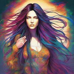 A vibrant, full-color digital art piece featuring a seductive woman with extraordinarily long hair