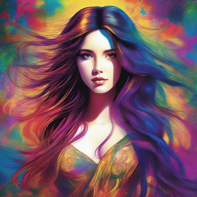 A vibrant, full-color digital art piece featuring a seductive woman with extraordinarily long hair