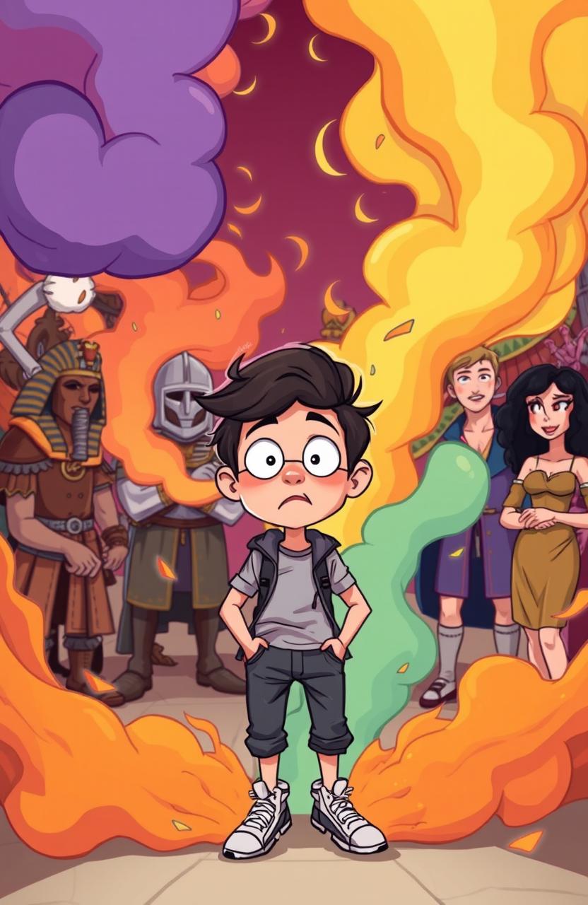 A vibrant and visually striking illustration titled 'Time Travel Fumble', depicting a whimsical scene where a character is accidentally sent back in time to a colorful, chaotic historical setting