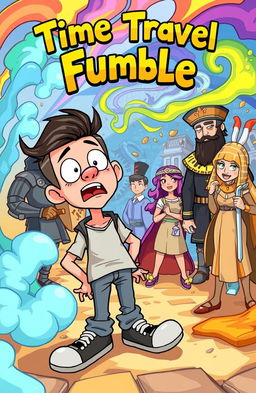 A vibrant and visually striking illustration titled 'Time Travel Fumble', depicting a whimsical scene where a character is accidentally sent back in time to a colorful, chaotic historical setting