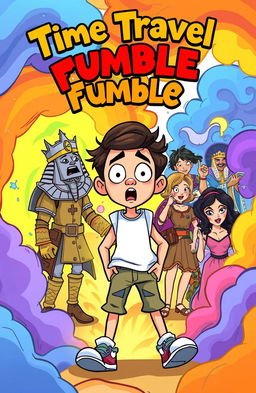 A vibrant and visually striking illustration titled 'Time Travel Fumble', depicting a whimsical scene where a character is accidentally sent back in time to a colorful, chaotic historical setting