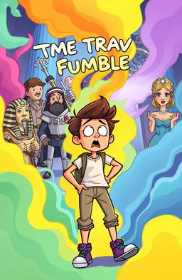 A vibrant and visually striking illustration titled 'Time Travel Fumble', depicting a whimsical scene where a character is accidentally sent back in time to a colorful, chaotic historical setting