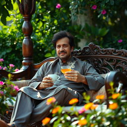 Imran Khan sitting comfortably on a traditional cot, with intricate wooden carvings, holding a steaming cup of tea