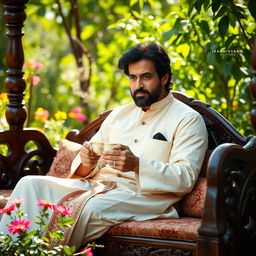 Imran Khan sitting comfortably on a traditional cot, with intricate wooden carvings, holding a steaming cup of tea