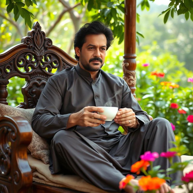 Imran Khan sitting comfortably on a traditional cot, with intricate wooden carvings, holding a steaming cup of tea