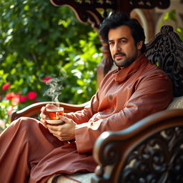 Imran Khan sitting comfortably on a traditional cot, with intricate wooden carvings, holding a steaming cup of tea