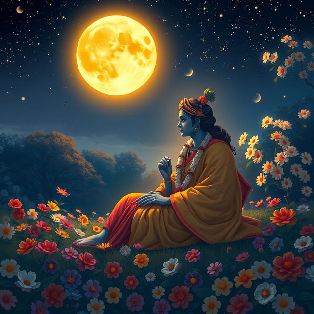 In a serene night scene, Radha and Krishna are depicted in traditional yukatas, enjoying a tranquil moon-viewing moment under a bright golden full moon