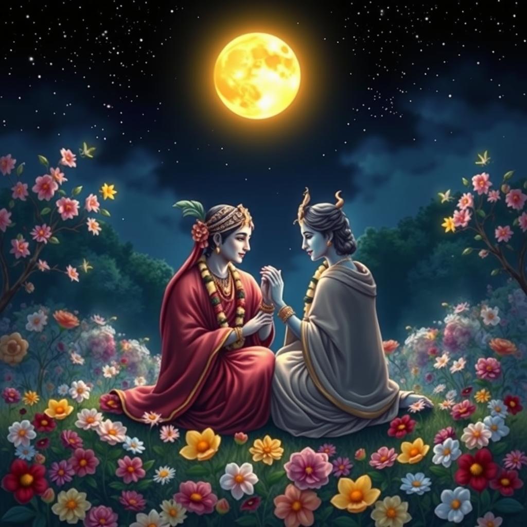 In a serene night scene, Radha and Krishna are depicted in traditional yukatas, enjoying a tranquil moon-viewing moment under a bright golden full moon