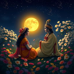 In a serene night scene, Radha and Krishna are depicted in traditional yukatas, enjoying a tranquil moon-viewing moment under a bright golden full moon