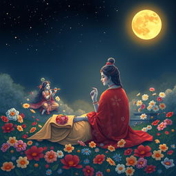 In a serene night scene, Radha and Krishna are depicted in traditional yukatas, enjoying a tranquil moon-viewing moment under a bright golden full moon